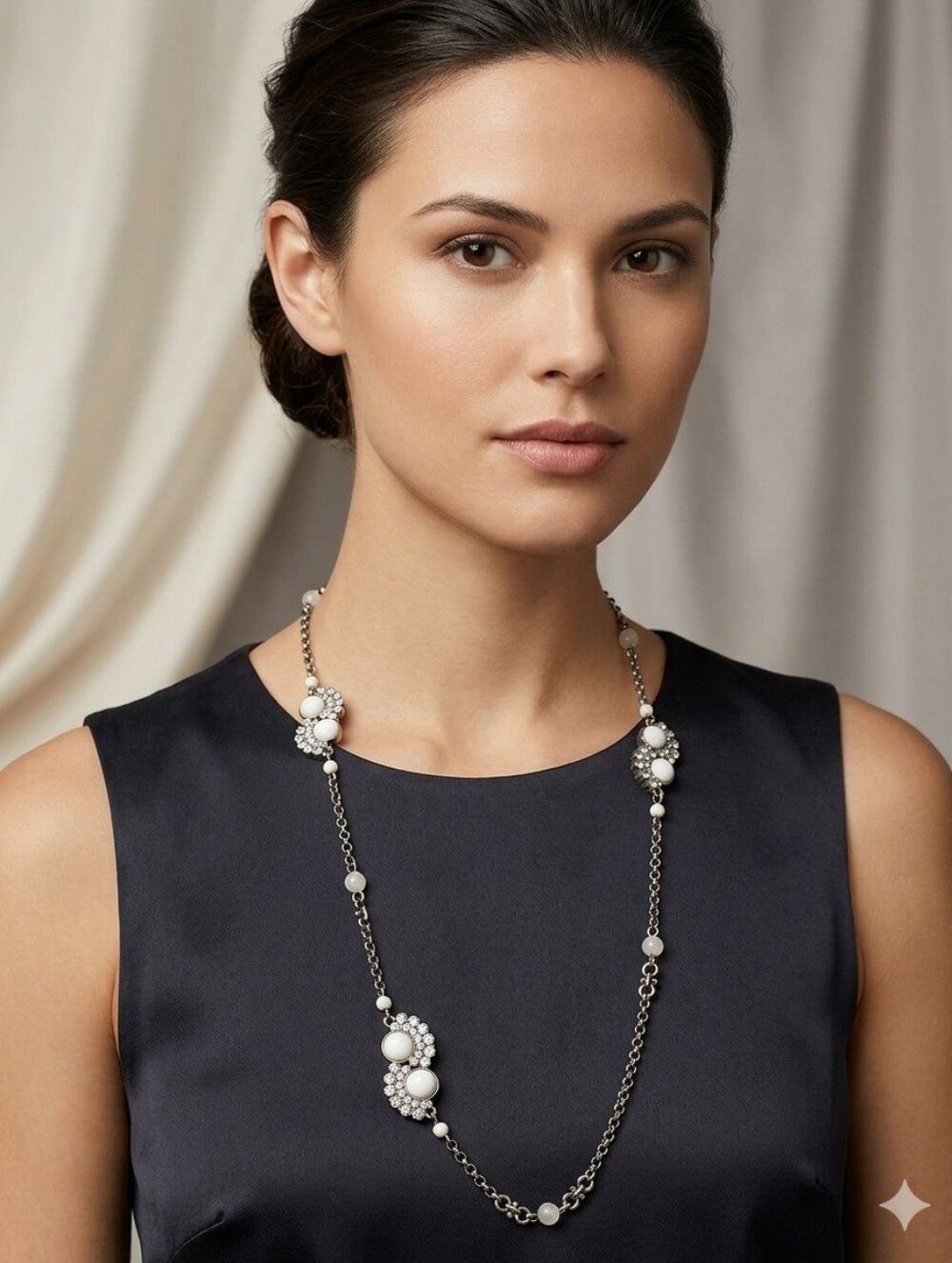 Banana Republic Long Vintage Style Gold Tone Necklace With Gem Accents
